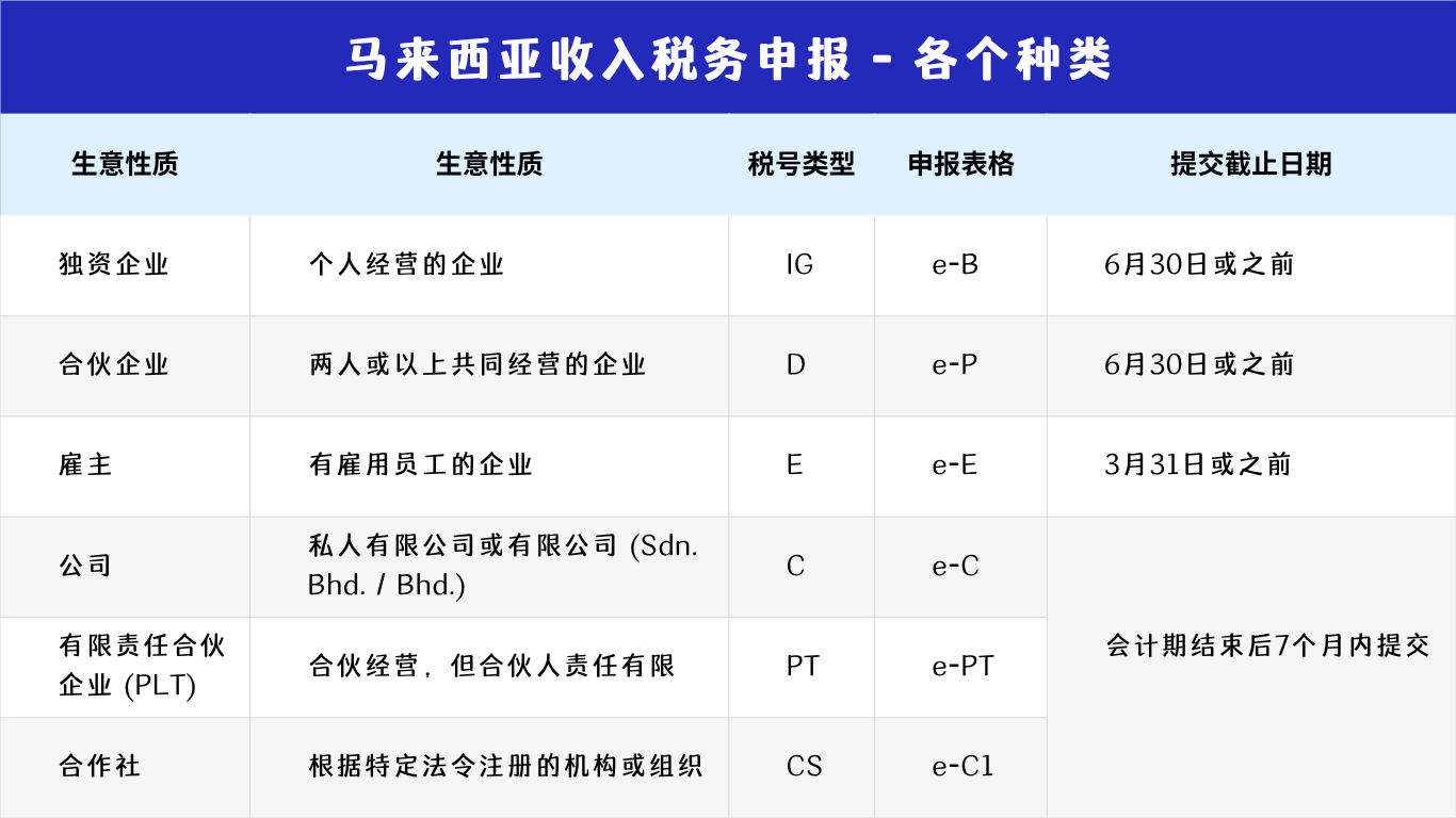 马来西亚收入税务申报 - 各个种类
